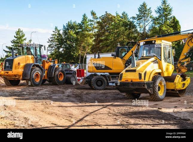 Heavy Construction crane excavator & bulldozer machinery parking yard