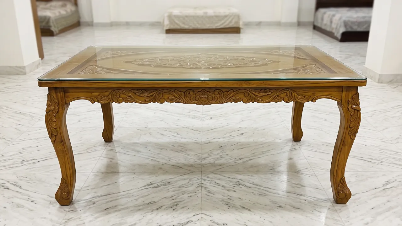 Premium Segun Wood Carved Table with Glass Top